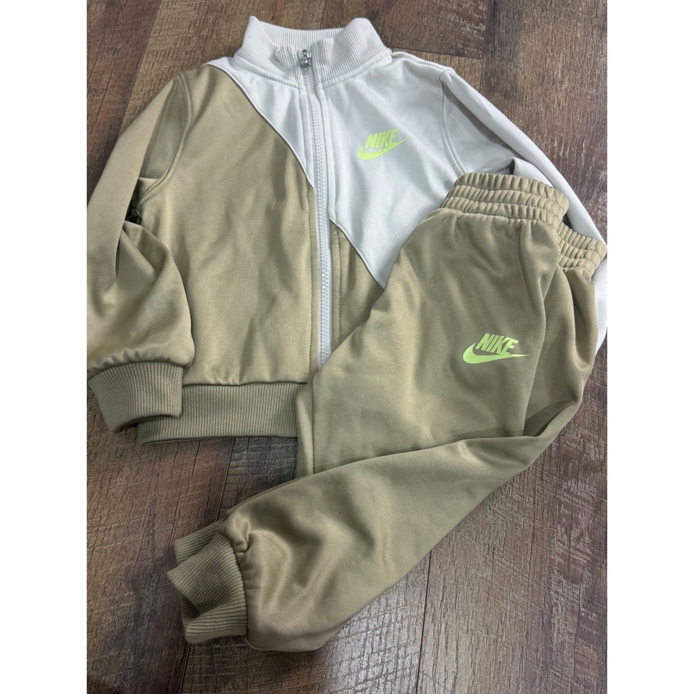 Nike Toddler 3T Tracksuit Set Tan White Neon Green Zip Jacket Joggers 2-Piece